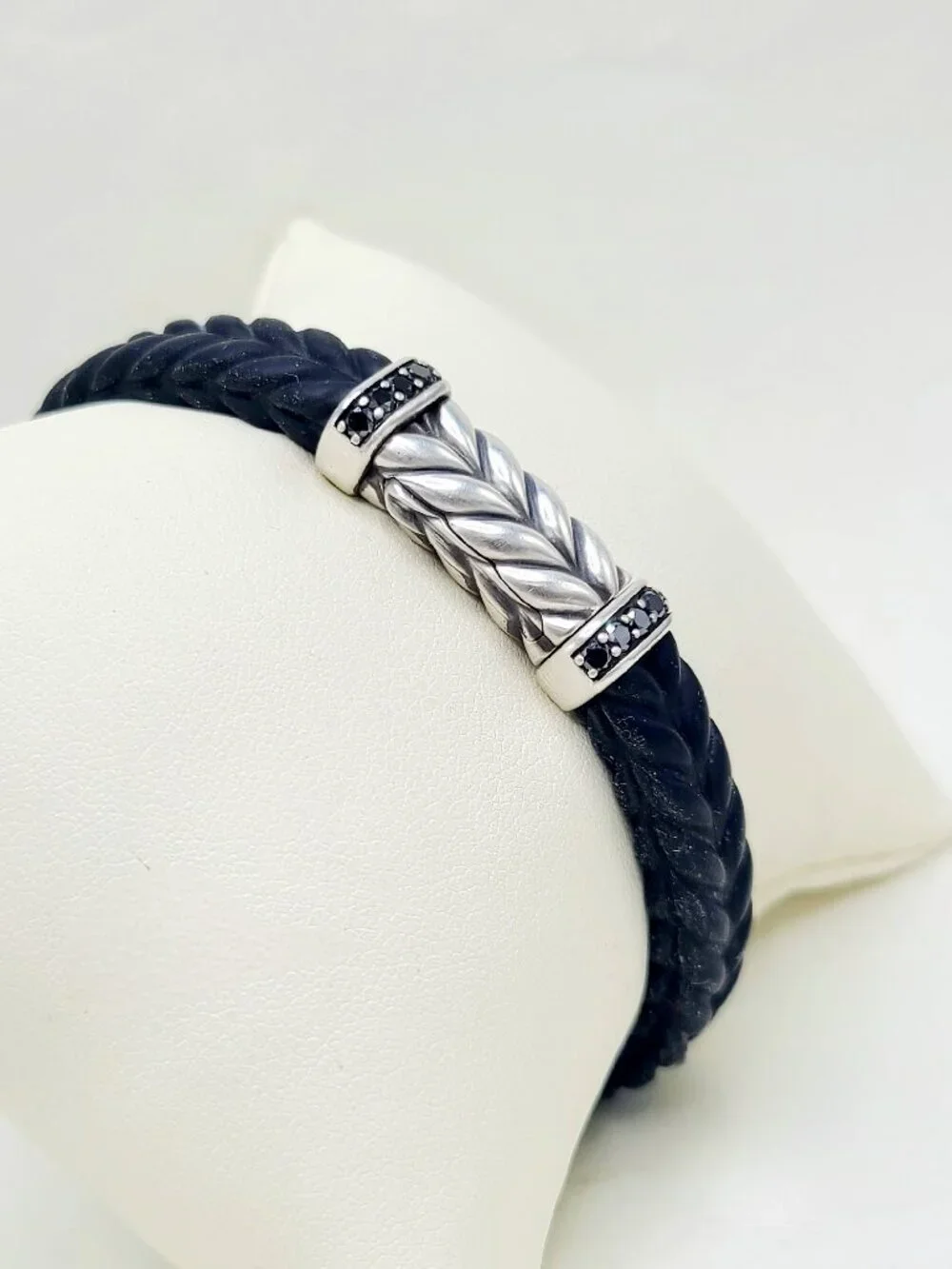 David Yurman Chevron Bracelet in Black Rubber w/ Pavé Black Diamonds, 9mm Sz Sm